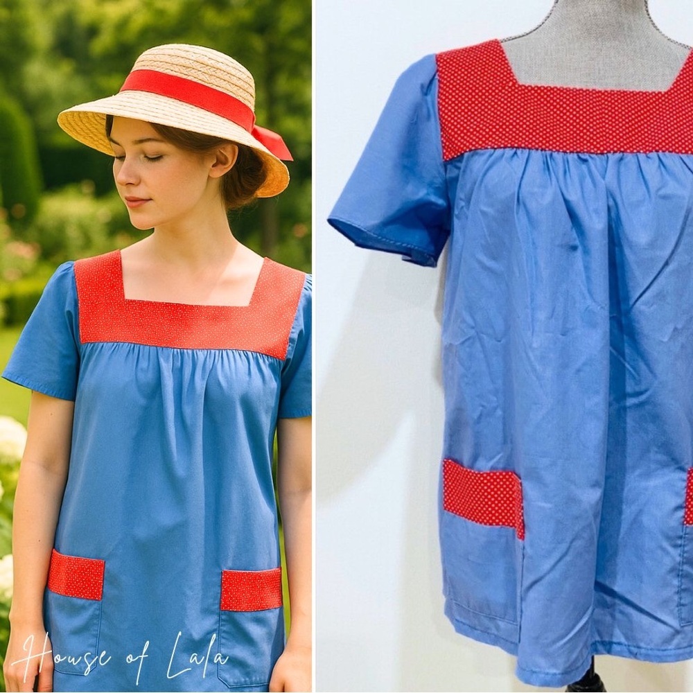 1970s vintage smock tunic top blue with red and white detail.